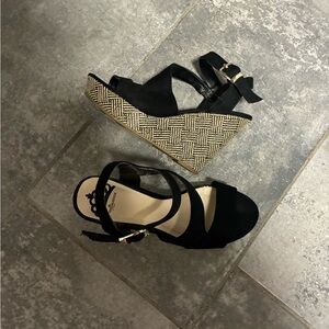 Fergalicious Black and Tan Wedge Sandals
